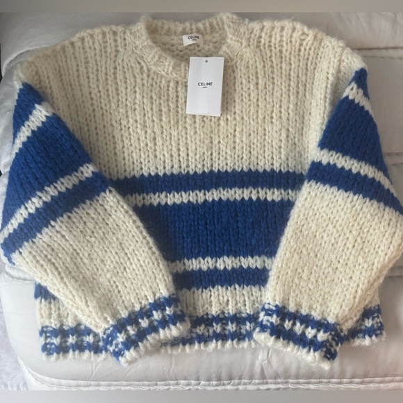 CELINE Chunky Knit Mohair Wool Sweater- off white-blue size s- NWT - Picture 2 of 5